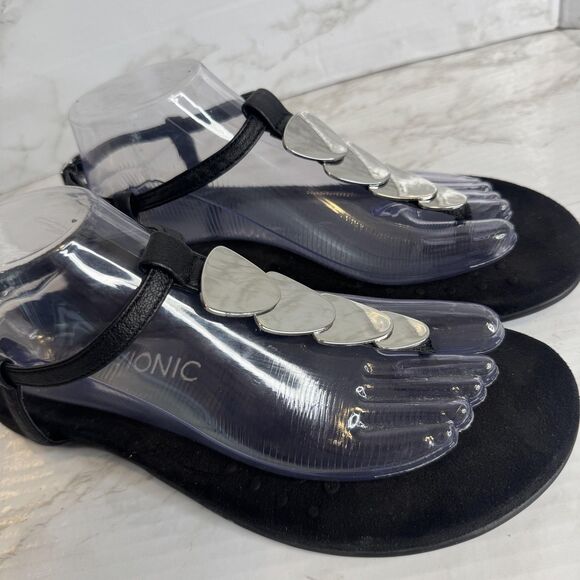 Vionic Sandals Womens Size 9.5 Black Thong T-Strap Comfort Silver Embellished - Picture 6 of 11